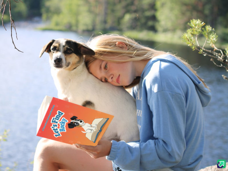 A girl and dog with a LookiBooki sample book